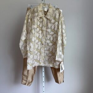 Lisbeth Silk Collection Champagne Leaf Print Blouse‎ & Pants Set - Medium